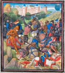Batalla entre los Cruzados bajo Balduino II de Jerusalén y los Sarracenos. Miniatura de la Historia de Guillermo de Tiro