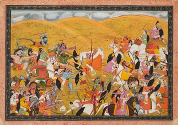 Escena de batalla entre ejércitos de devas y asuras