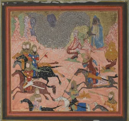 Bazur, el mago, levanta oscuridad y tormenta, folio de un Shahnama