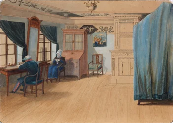 Interior de dormitorio. Conde Yegor Frantsevich Kankrin 1774-1845 en su escritorio, 1820s