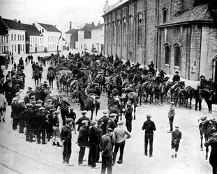 Cañones belgas, fabricados por Krupp, preparándose para la batalla cerca de Gante, Bélgica, Primera Guerra Mundial, 1914
