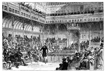 Benjamin Disraeli presentando su proyecto de reforma en la Cámara de los Comunes, c. 1867