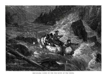 Canoas de corteza de abedul en el Río Rojo del Norte, Estados Unidos, 1877