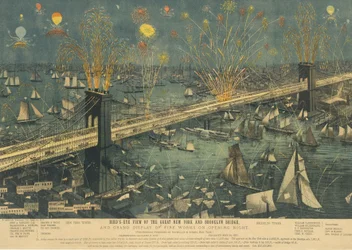 Vista aérea del Gran Puente de Nueva York y Brooklyn, y gran exhibición de fuegos artificiales ..., 1883