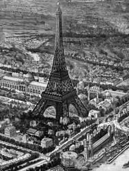 Vista aérea de la Torre Eiffel en el momento de la inauguración de la Exposición de París de 1889