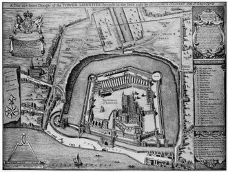 Vista aérea de la Torre y Libertades como aparecían en 1597, Londres, siglo XX