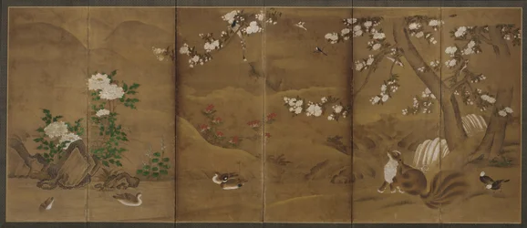 Aves, flores de las estaciones y gatos civetas, período Muromachi o Momoyama, siglo XVI