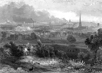 Birmingham vista desde el sur mostrando chimeneas humeantes