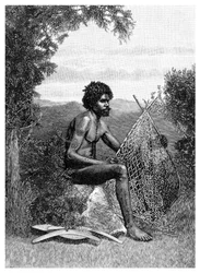 Hombre negro reparando su red, Australia, 1886