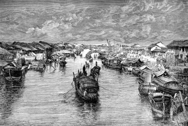 Barcos en el arroyo chino, cerca de Saigón, Vietnam