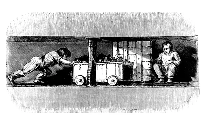 Niño empujando un camión cargado de carbón desde la cara del carbón hasta el fondo del pozo, c.1848