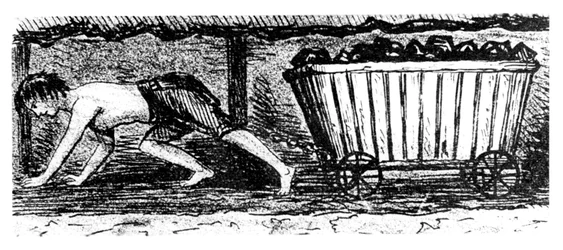 Niño minero dibujando un camión que contiene carbón a lo largo de una veta de 24 pulgadas de alto, Halifax, Yorkshire, 1848
