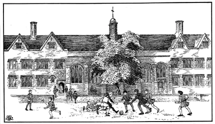 Niños en tiempos Tudor jugando al fútbol en la Escuela de Gramática de Berkhamsted, Hertfordshire