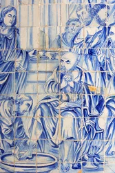 Brasil, Bahía, Salvador: Azulejo en la iglesia de Bonfim: Jesús lavando los pies de un discípulo