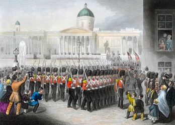 Soldados británicos partiendo para la guerra de Crimea, guerra ruso-turca 1853-1856, hacia 1860