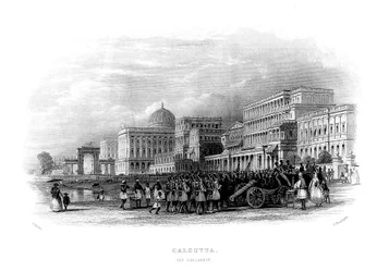 Tropas británicas desfilando en la explanada, Calcuta, India, mediados del siglo XIX
