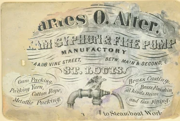 Tarjeta de presentación de James O. Alter, fábrica de sifones de vapor y bombas contra incendios, St. Louis, ca. 1870