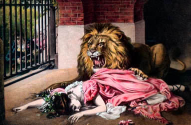 León enjaulado con mujer durmiendo, siglo XIX
