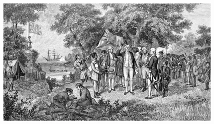 El Capitán Cook reclama la Bahía Botánica, Nueva Gales del Sur, Australia, 1770, 1886