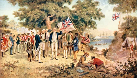 El capitán James Cook tomando posesión de Nueva Gales del Sur en nombre de la Corona Británica, 1770
