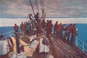 El barco del Capitán Scott, el Terra Nova, entrando en el hielo del Polo Sur, c. 1910-192, 1936