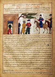 Raja indio capturado llevado ante el Sultán Mahmud de Ghazni, Folio de un Majma..., ca. 1425