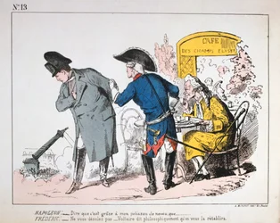 Caricatura de Napoleón I observando la caída de la Columna de Vendôme, Comuna de París, 1871