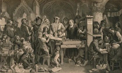 Caxton mostrando el primer espécimen de su impresión al Rey Eduardo IV en Westminster, c. 1477 1905