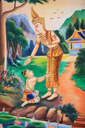 Obra de arte en el techo que representa la vida de Buda. Templo Wat Si Sou Mang Karam. Vieng Vang. Laos, 20151102, Vieng Vang, Laos