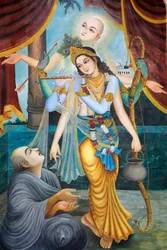 Chaityana Mahaprahbu, un santo vaishnava y reformador social del siglo XV. Vaishnava significa venerar a Vishnu o Krishna (Krishna, tocando la flauta, es uno de los avatares de Vishnu). Vrindavan, India