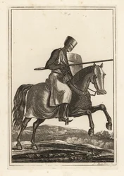 Caballero cargando del siglo XII y XIII con cota de malla, casco plano, lanza, escudo de calentador, armadura de espinilla jambesons, silla de guerra
