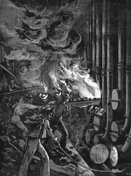 Cargando los retortos en la fábrica de gas de Beckton, Londres, 1878