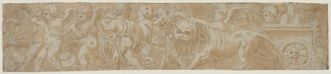 Carro tirado por leones con amorini (recto) Estudio arquitectónico parcial (verso), primera mitad de 1500s