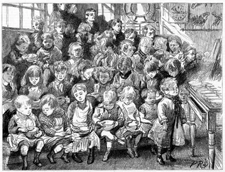 Niños esperando sopa a la hora de la cena, Escuela de la Junta de Londres, Denmark Terrace, Islington, 1889