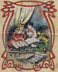 Niños viendo un libro de imágenes para ilustrar el alfabeto. Cuarta portada del álbum drolático. Serie número 4 en Álbumes-cromo sobre lienzo. Cromolitografías sobre tejido. Imágenes Marcel Vagne, Jarville-Nancy, principios del siglo XX. Dim: 25x17,5cm