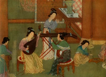 Laúd chino pi-pa, guitarra de luna yue-chin y cítara de mesa tchin, (detalle)