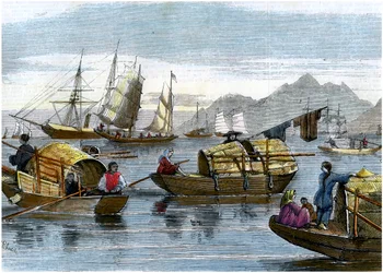 Sampanes chinos en el puerto de Hong Kong, c1875
