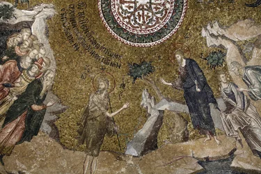 Museo de la iglesia de Chora: mosaico del joven Jesús (izquierda: doctores del templo), Estambul, Turquía