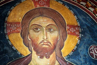 Cristo y el Juicio Final Detalle del fresco bizantino de la bóveda del nártex de la iglesia de Asinou Escena del juicio final siglo XIV (1332) UNESCO, sitio de patrimonio cultural mundial región de Troodos, Chipre