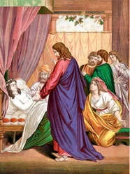 Cristo resucitando a la hija de Jairo, gobernador de la sinagoga, de entre los muertos, mediados del siglo XIX