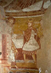 Iglesia (Église Saint-Martin). Interior. El ábside. Pinturas murales (fresco). Detalle. Jesús en la corte de Herodes. Siglo XII