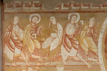 Iglesia (Église Saint-Martin). Interior. Pinturas murales (fresco). Pared oeste de la nave. Detalle. Apóstoles. Siglo XII