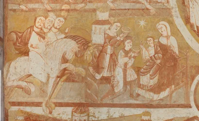 Iglesia (Église Saint-Martin). Interior. Pinturas murales (fresco). Pared oeste de la nave. Detalle. Llegada de los magos, adoración de los magos. Siglo XII