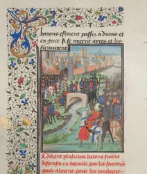 Choque del ejército de los barones y los sarracenos. Miniatura de la Historia de Guillermo de Tiro, 1460s