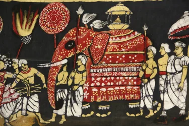 Impresión de tela que representa la peregrinación de la reliquia del diente sagrado de Buda en Kandy, Sri Lanka, París, Francia