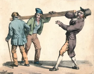 Hombre torpe cargando una longitud de madera, siglo XIX