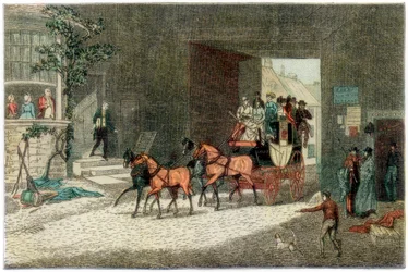 Carruaje llegando al patio de una posada, 1890