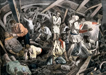 Mineros de carbón atrapados bajo tierra por un derrumbe, Minas de Courrieres, Pas-de-Calais, Francia, 1906