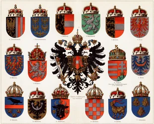 Escudos de armas de los condados de Austria-Hungría y pequeño escudo nacional austríaco, hacia 1907.