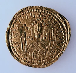 Moneda Zlatnik del Gran Duque Vladimir Svyatoslavich, Anverso: Retrato del gobernante, 980-1015